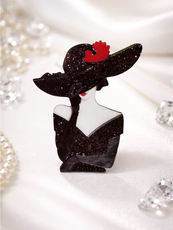 Jewelry - Elegant Lady With Hat Acrylic Brooch Vintage Style Statement Pin